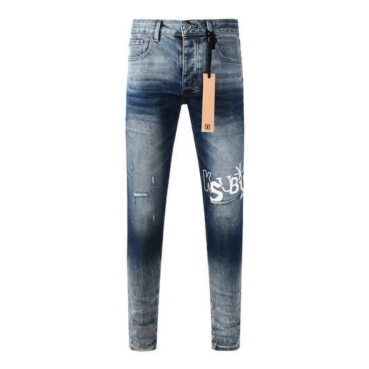 Men's Vintage Blue Washed Jeans Slim Fit Stretch Denim Pants Distressed Letter Print Casual Trousers 3055