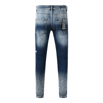 Men's Vintage Blue Washed Jeans Slim Fit Stretch Denim Pants Distressed Letter Print Casual Trousers 3055