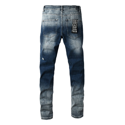 Men's Vintage Blue Washed Jeans Slim Fit Stretch Denim Pants Distressed Letter Print Casual Trousers 3055