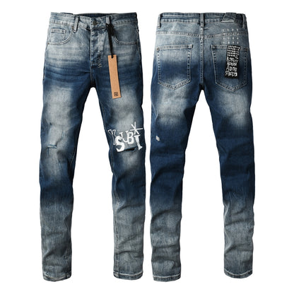 Men's Vintage Blue Washed Jeans Slim Fit Stretch Denim Pants Distressed Letter Print Casual Trousers 3055