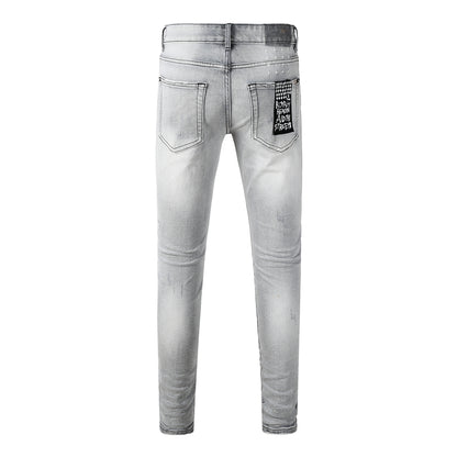 Men's Light Grey Distressed Jeans Slim Fit Stretch Denim Pants Ripped Casual Streetwear Fashion Trousers 3056
