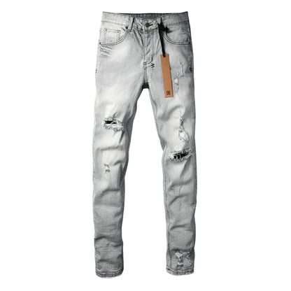 Men's Light Grey Distressed Jeans Slim Fit Stretch Denim Pants Ripped Casual Streetwear Fashion Trousers 3056