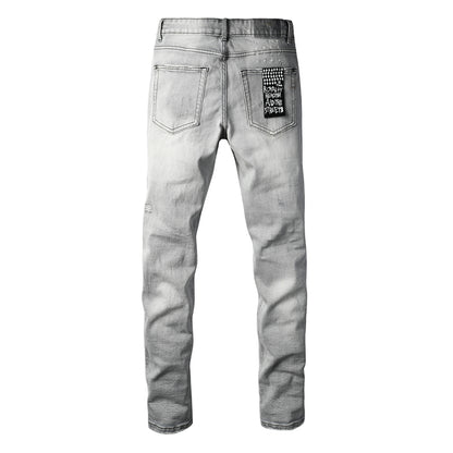 Men's Light Grey Distressed Jeans Slim Fit Stretch Denim Pants Ripped Casual Streetwear Fashion Trousers 3056