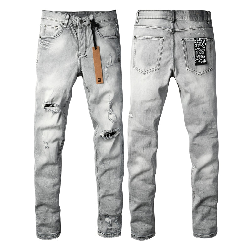 Men's Light Grey Distressed Jeans Slim Fit Stretch Denim Pants Ripped Casual Streetwear Fashion Trousers 3056