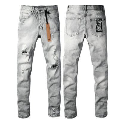 Men's Light Grey Distressed Jeans Slim Fit Stretch Denim Pants Ripped Casual Streetwear Fashion Trousers 3056