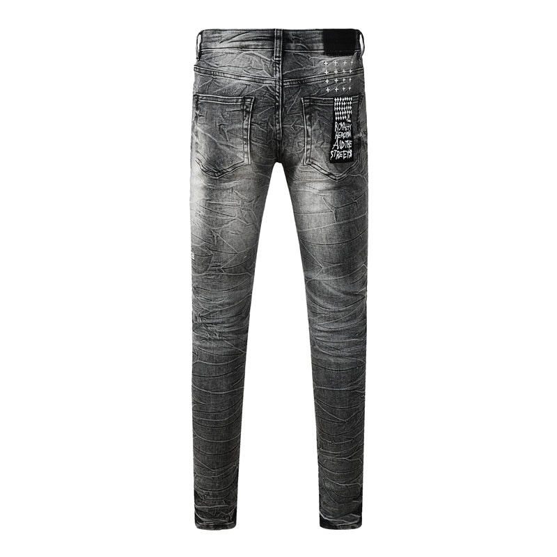 Men's Vintage Grey Washed Denim Jeans Destroyed Ripped Slim Fit Casual Street Style Long Pants 3057