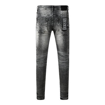 Men's Vintage Grey Washed Denim Jeans Destroyed Ripped Slim Fit Casual Street Style Long Pants 3057