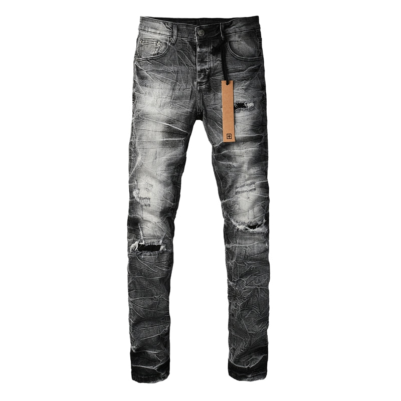 Men's Vintage Grey Washed Denim Jeans Destroyed Ripped Slim Fit Casual Street Style Long Pants 3057