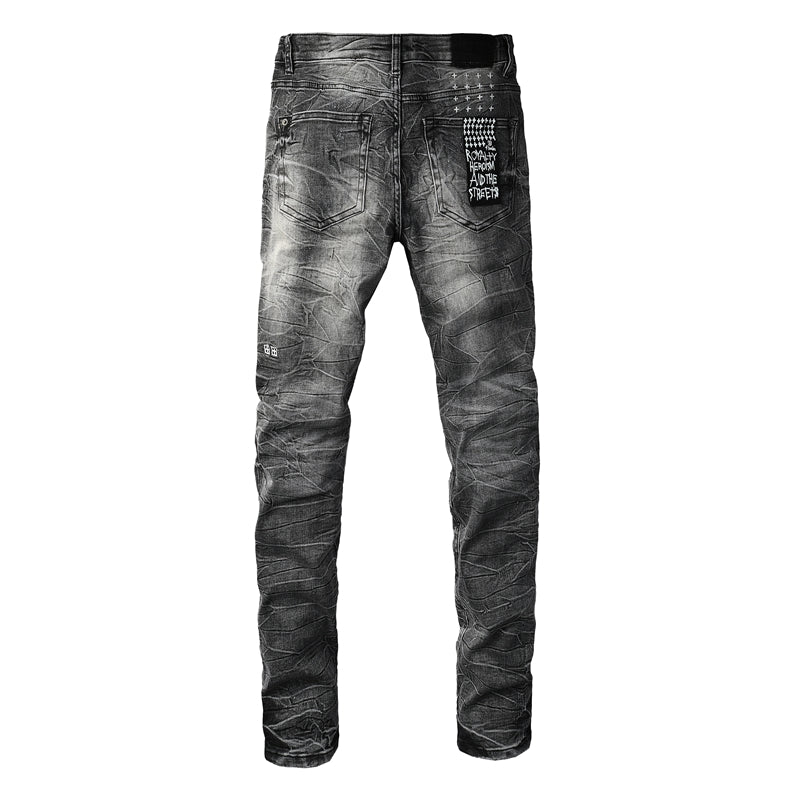 Men's Vintage Grey Washed Denim Jeans Destroyed Ripped Slim Fit Casual Street Style Long Pants 3057