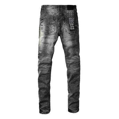 Men's Vintage Grey Washed Denim Jeans Destroyed Ripped Slim Fit Casual Street Style Long Pants 3057