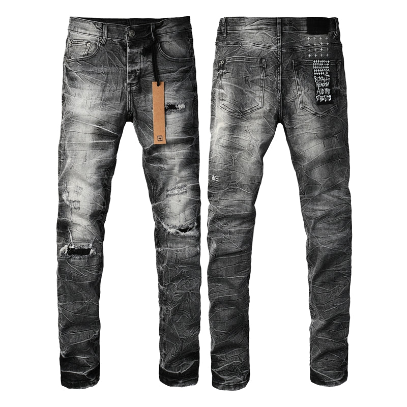 Men's Vintage Grey Washed Denim Jeans Destroyed Ripped Slim Fit Casual Street Style Long Pants 3057