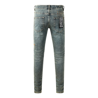 Men's Light Blue Denim Jeans Slim Fit Stretch Washed Casual Street Style Fashion Long Pants 3058