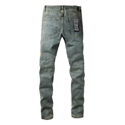 Men's Light Blue Denim Jeans Slim Fit Stretch Washed Casual Street Style Fashion Long Pants 3058