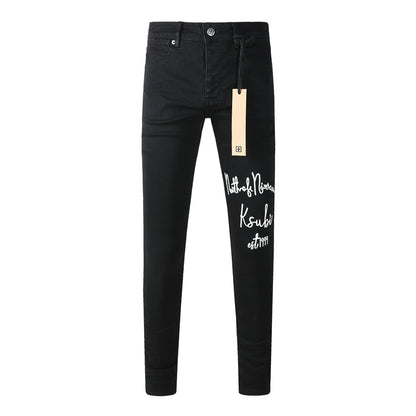 Men's Black Skinny Jeans Graphic Letter Print Slim Fit Stretch Denim Pants Casual Streetwear Trousers 3059