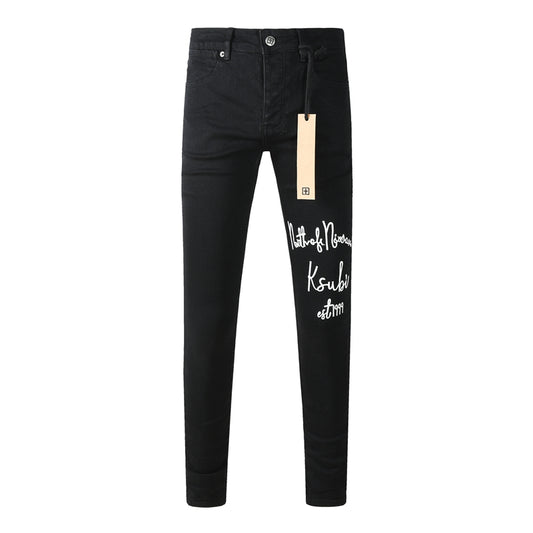 Men's Black Skinny Jeans Graphic Letter Print Slim Fit Stretch Denim Pants Casual Streetwear Trousers 3059