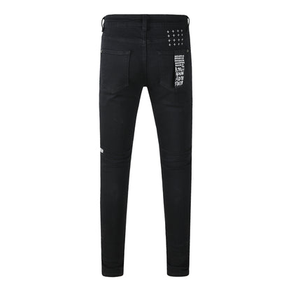 Men's Black Skinny Jeans Graphic Letter Print Slim Fit Stretch Denim Pants Casual Streetwear Trousers 3059