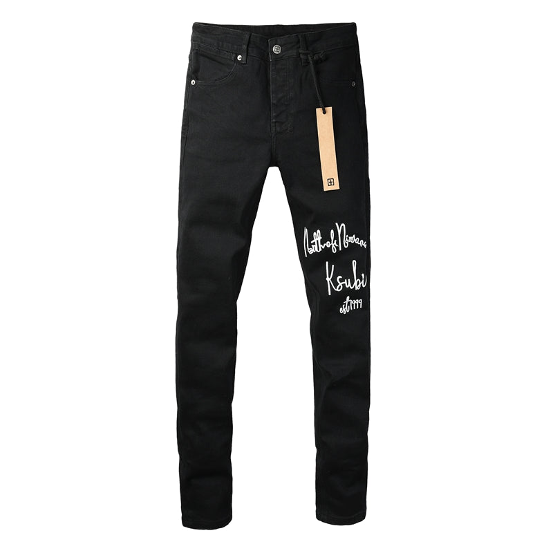 Men's Black Skinny Jeans Graphic Letter Print Slim Fit Stretch Denim Pants Casual Streetwear Trousers 3059