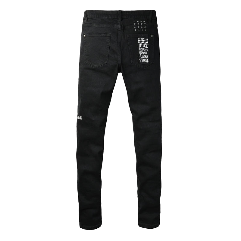 Men's Black Skinny Jeans Graphic Letter Print Slim Fit Stretch Denim Pants Casual Streetwear Trousers 3059