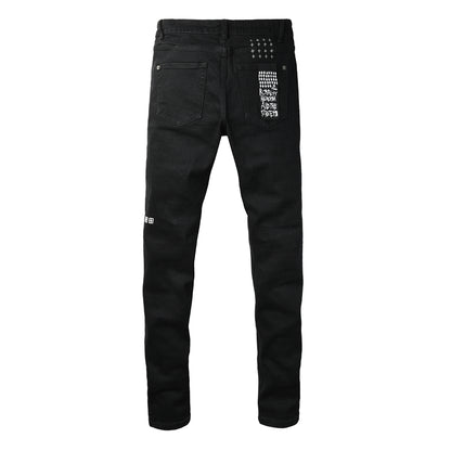 Men's Black Skinny Jeans Graphic Letter Print Slim Fit Stretch Denim Pants Casual Streetwear Trousers 3059