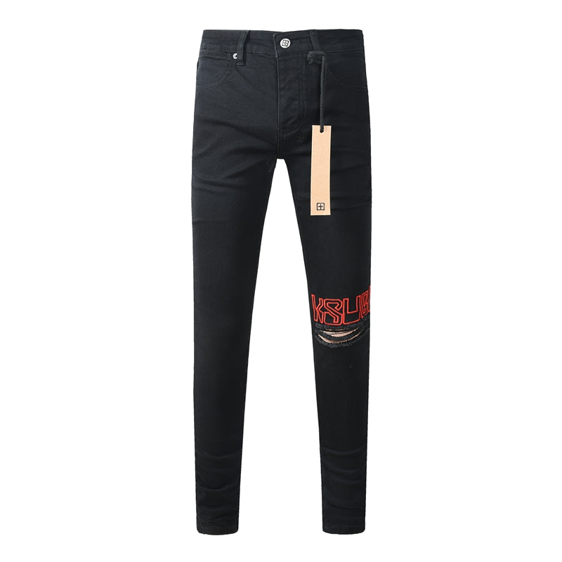 Men's Fashion Black Jeans Graphic Logo Print Skinny Fit Stretch Denim Streetwear Long Pants 3060