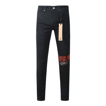 Men's Fashion Black Jeans Graphic Logo Print Skinny Fit Stretch Denim Streetwear Long Pants 3060