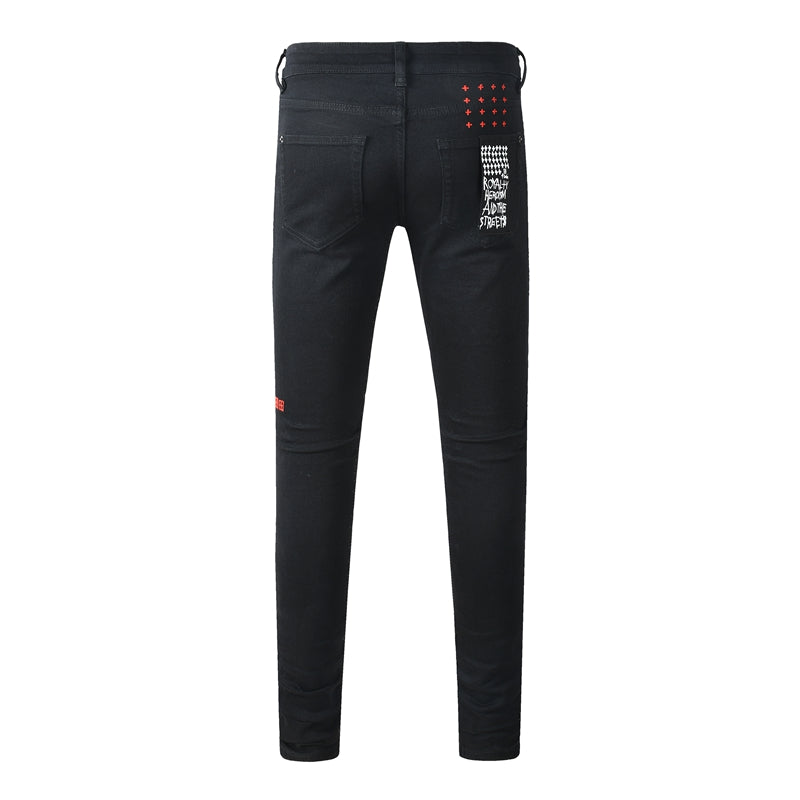 Men's Fashion Black Jeans Graphic Logo Print Skinny Fit Stretch Denim Streetwear Long Pants 3060