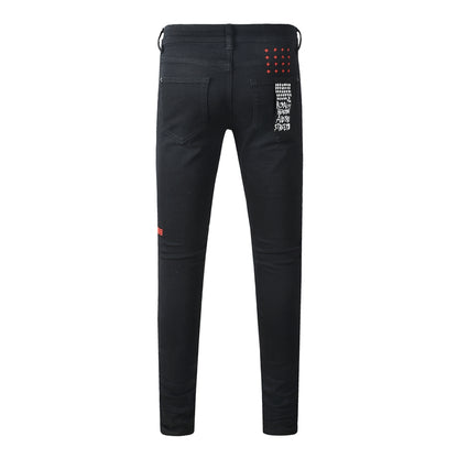 Men's Fashion Black Jeans Graphic Logo Print Skinny Fit Stretch Denim Streetwear Long Pants 3060