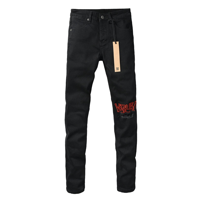 Men's Fashion Black Jeans Graphic Logo Print Skinny Fit Stretch Denim Streetwear Long Pants 3060