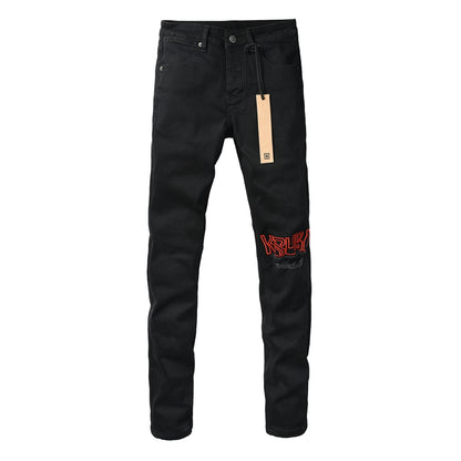 Men's Fashion Black Jeans Graphic Logo Print Skinny Fit Stretch Denim Streetwear Long Pants 3060