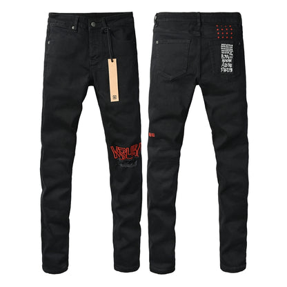 Men's Fashion Black Jeans Graphic Logo Print Skinny Fit Stretch Denim Streetwear Long Pants 3060