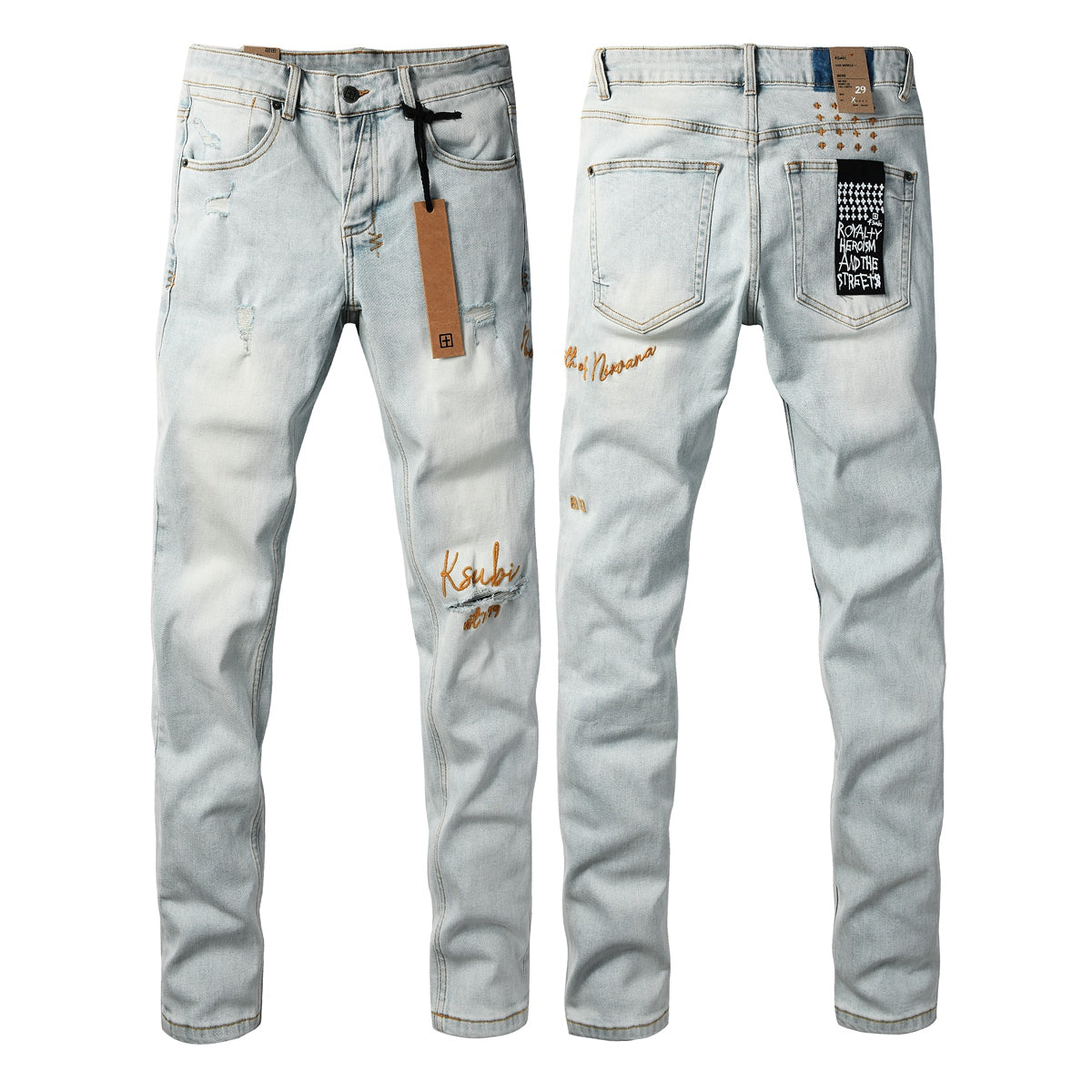 Fashion Men Ripped Denim Jeans Light Blue Slim Straight Fit Embroidery Detail Washed Vintage Casual Jeans Pants 3061