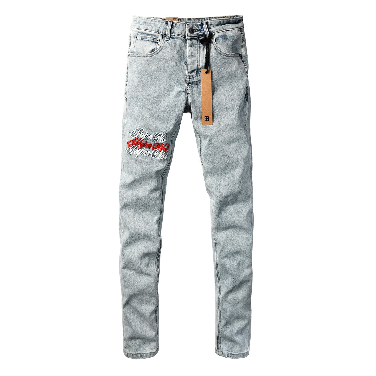 Men's Light Wash Embroidered Rose Jeans Slim Fit Denim Pants Letter Graphic Streetwear Casual Fashion Trousers 3062