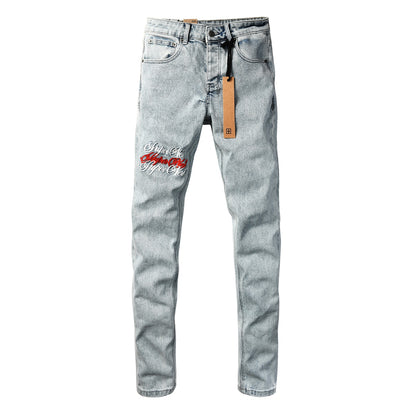 Men's Light Wash Embroidered Rose Jeans Slim Fit Denim Pants Letter Graphic Streetwear Casual Fashion Trousers 3062