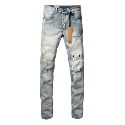 Light Blue Acid Wash Distressed Graffiti Print Slim Fit Jeans 3063