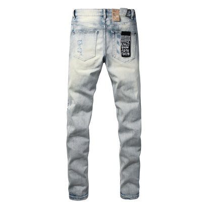 Light Blue Acid Wash Distressed Graffiti Print Slim Fit Jeans 3063