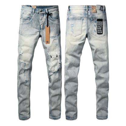 Light Blue Acid Wash Distressed Graffiti Print Slim Fit Jeans 3063