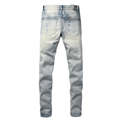 Light Blue Acid Wash Distressed Graffiti Print Slim Fit Jeans 3063
