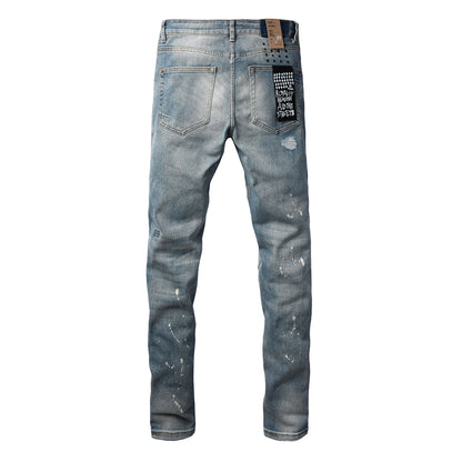 Blue Vintage Wash Cross Stitch Detail Slim Fit Denim Jeans 3064
