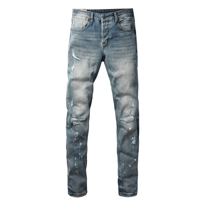 Blue Vintage Wash Cross Stitch Detail Slim Fit Denim Jeans 3064