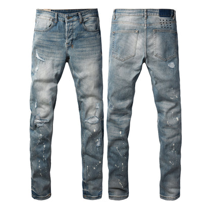 Blue Vintage Wash Cross Stitch Detail Slim Fit Denim Jeans 3064