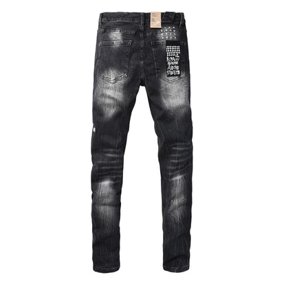 Men's Black Distressed Skinny Jeans Vintage Washed Denim Pants Ripped Slim Fit Streetwear Casual Fashion Trousers 3065