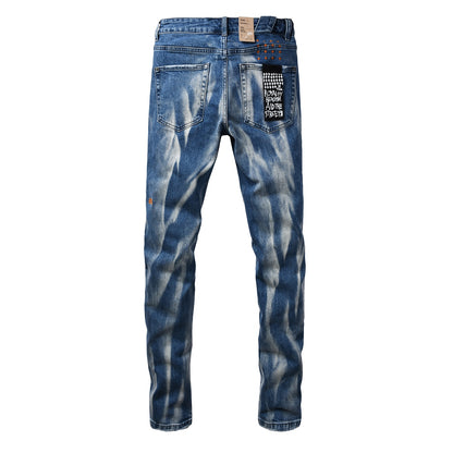 Men's Vintage Wash Denim Jeans Slim Straight Fit Distressed Designer Streetwear Blue Jean Pants 3066