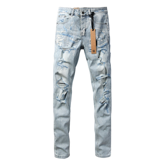 Vintage Light Blue Ripped Jeans for Men Slim Straight Fit Distressed Denim Trousers 3067