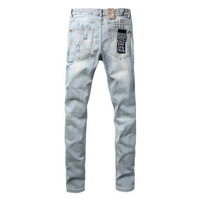 Vintage Light Blue Ripped Jeans for Men Slim Straight Fit Distressed Denim Trousers 3067