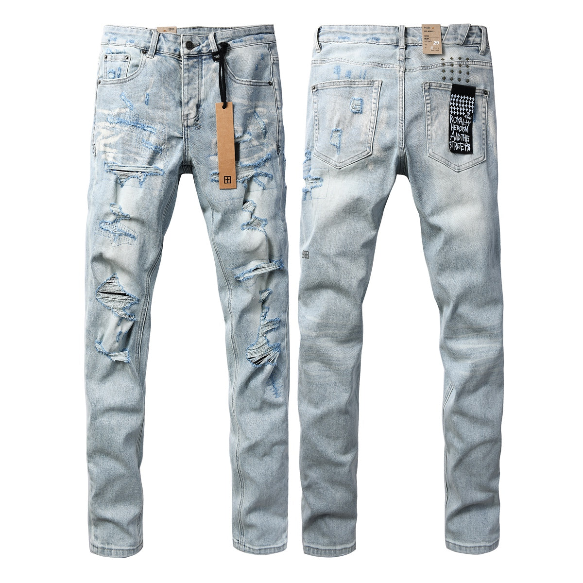 Vintage Light Blue Ripped Jeans for Men Slim Straight Fit Distressed Denim Trousers 3067