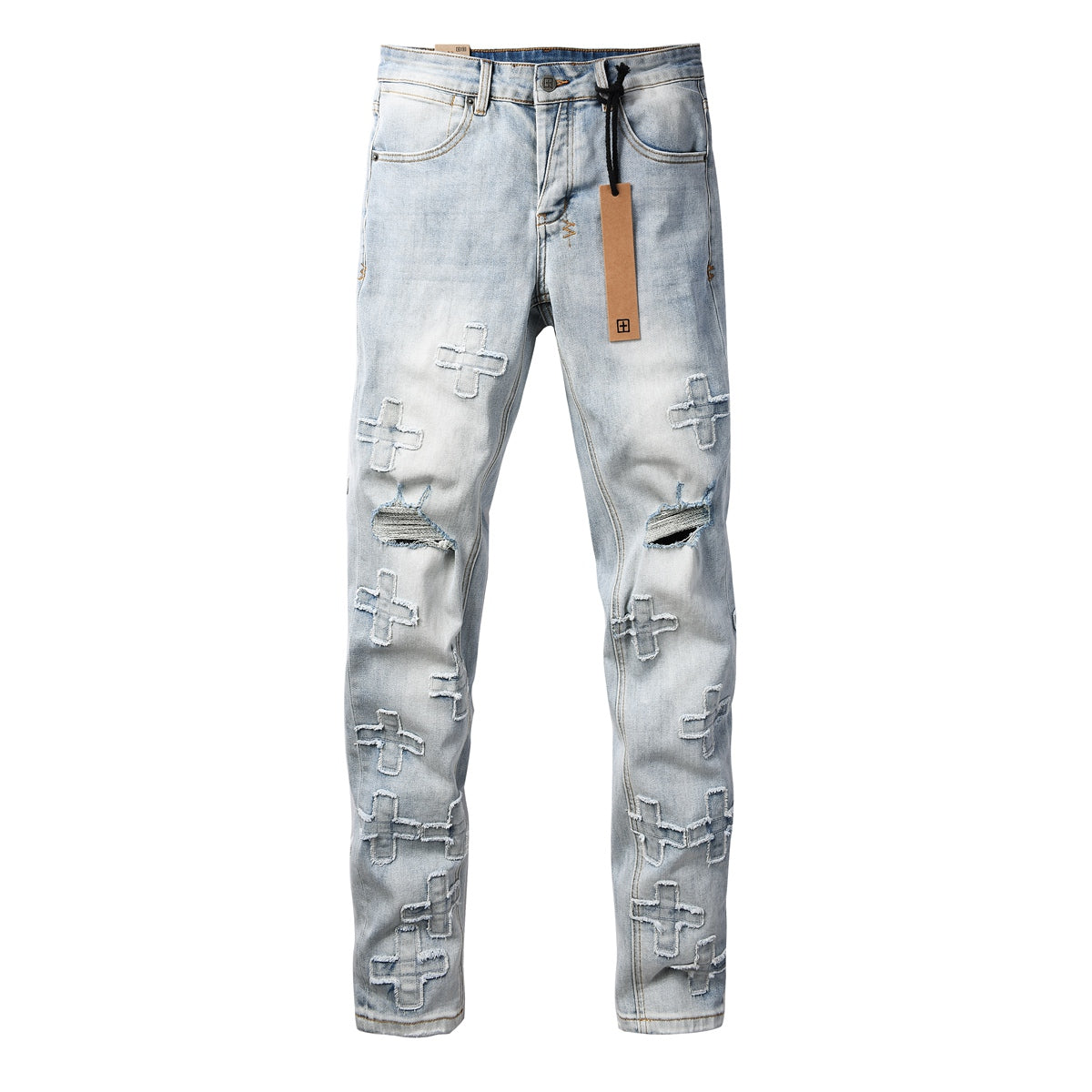 Men's Light Wash Distressed Jeans Cross Patch Denim Pants Slim Fit Streetwear Fashion 3069