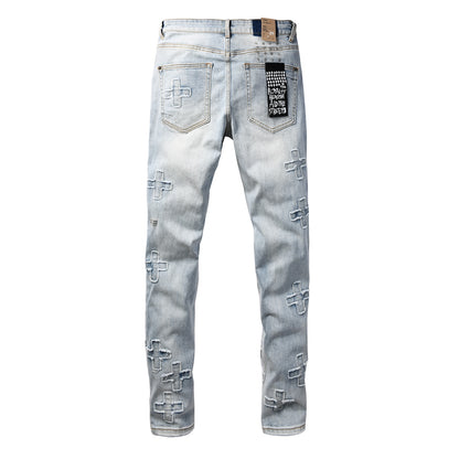 Men's Light Wash Distressed Jeans Cross Patch Denim Pants Slim Fit Streetwear Fashion 3069