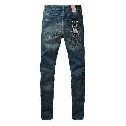 Dark Blue Distressed Spiderweb Graphic Slim Fit Denim Jeans 3070