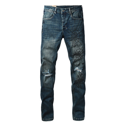 Dark Blue Distressed Spiderweb Graphic Slim Fit Denim Jeans 3070
