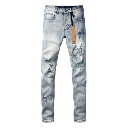 Men's Light Wash Distressed Jeans Slim Fit Denim Pants with Graphic Print Streetwear Style 3071
